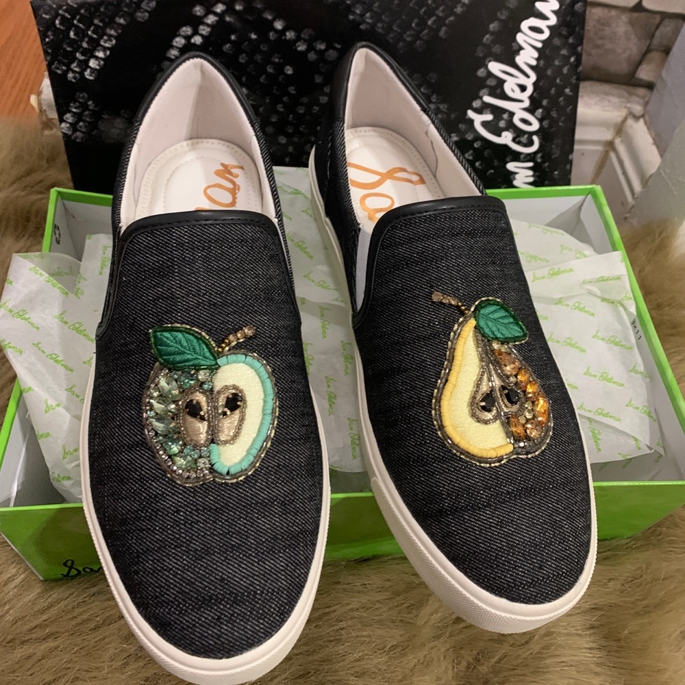 SOLD⛔️SAM EDELMAN Black Denim pear/Apple slip on - Picture 1 of 11